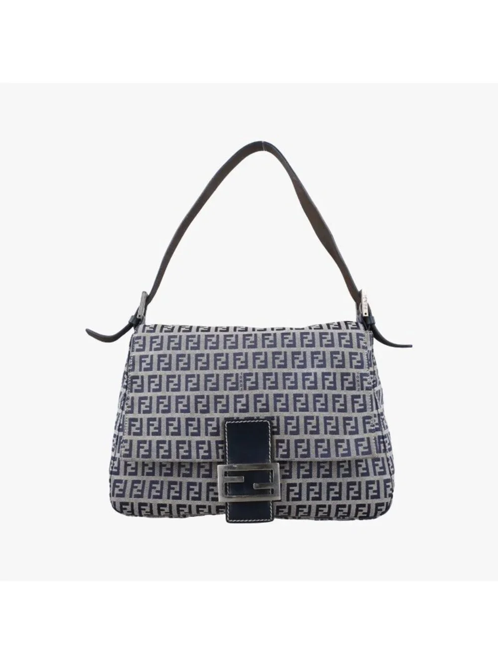 Fendi Mamma Bucket Zucchino Pattern Navy Gray Canvas Leather Shoulder
